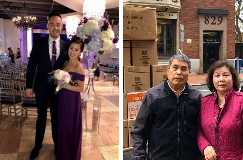 Left: ICCU nurse Cindy Nguyen, BSN, RN, and husband Michael Chau, BSN, RN, a nurse on 4 Spruce. Right: Emergency Department nurse Van Nguyen, RN, shared a photo of her parents dropping off PPE at the beginning of the pandemic.